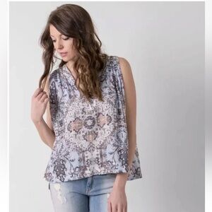 Free People Darcey Boho Sleeveless Lined Blue and Brown Patterned Women’s Blouse